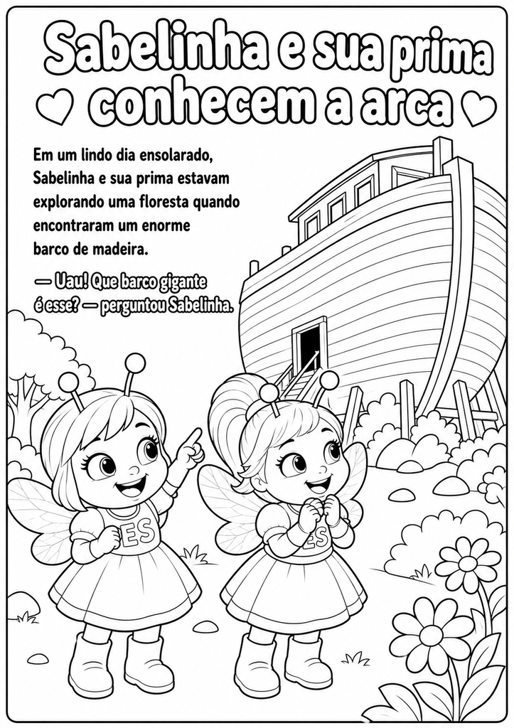 Sabelinha e sua prima diante da Arca de Noé em desenho para colorir.