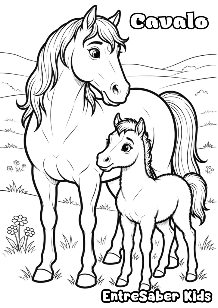 Desenho de um cavalo adulto ao lado de seu filhote, em um cenário com flores e natureza, para colorir e imprimir.