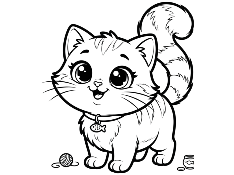 Desenho de um gatinho fofo com olhos grandes, coleira e cauda levantada, para colorir.