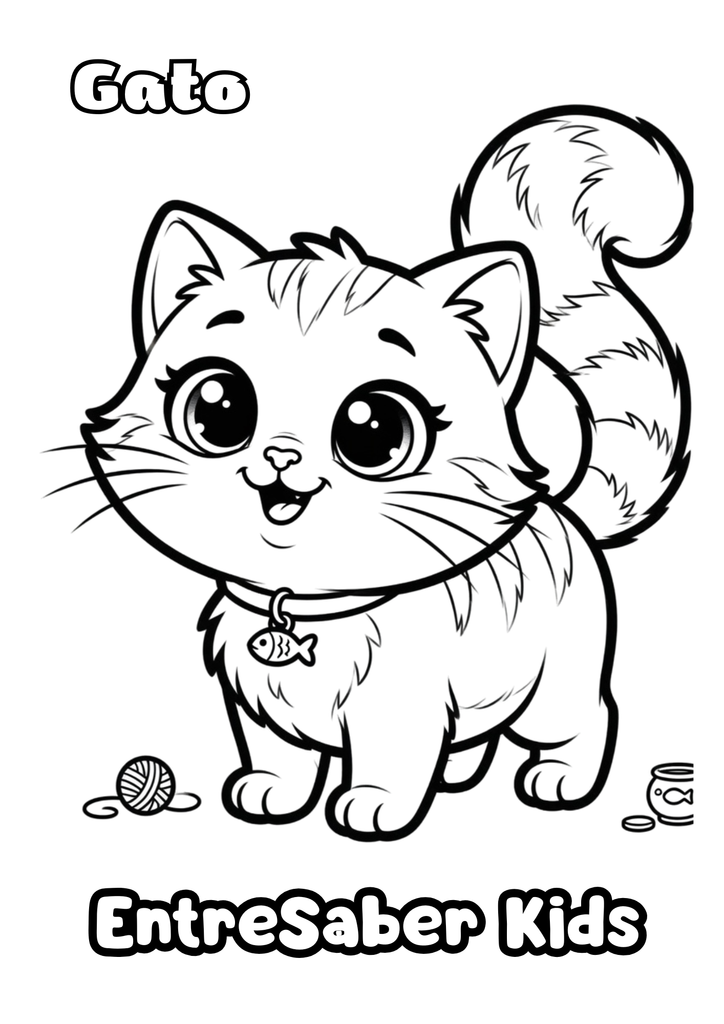 Desenho de um gatinho com olhos grandes, coleira e cauda levantada, para colorir e imprimir.
