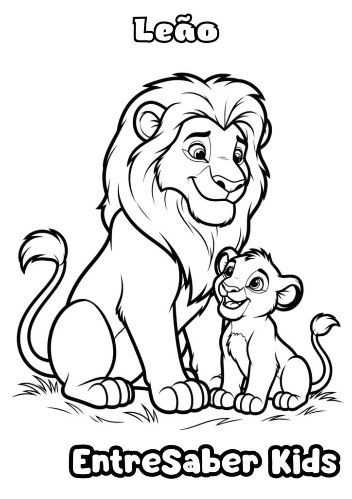 Desenho de um leão com seu filhote para colorir, em uma ilustração infantil em preto e branco.