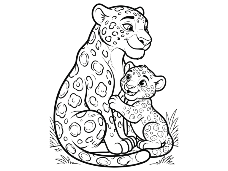 Desenho de uma onça-pintada com seu filhote, em preto e branco, para colorir e imprimir.