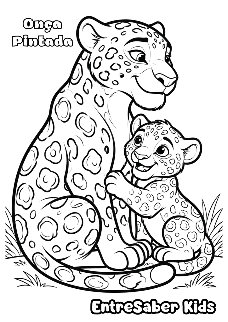Desenho de uma onça-pintada adulta sentada ao lado de seu filhote, com manchas pelo corpo, para colorir e imprimir.
