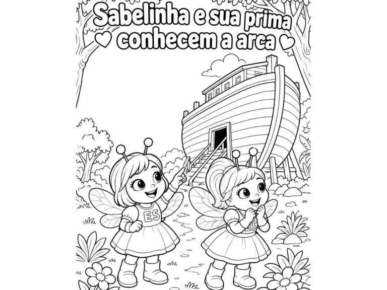 Sabelinha e sua prima em frente à Arca de Noé, com árvores e flores ao redor, em um desenho para colorir.
