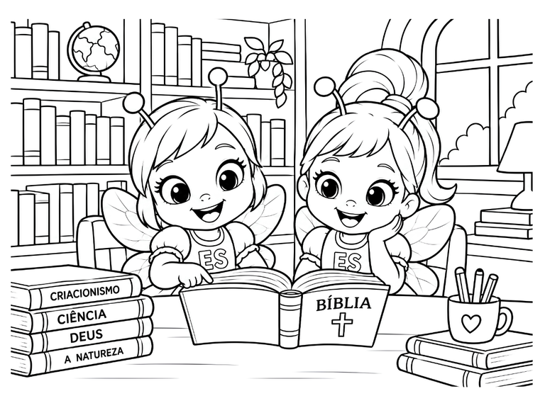 Sabelinha e sua prima lendo a Bíblia em uma biblioteca, desenho para colorir.